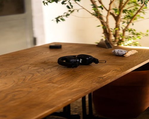 Unos audífonos sobre un escritorio de madera junto a una planta